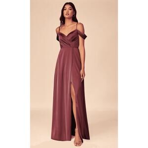 Azazie Ocean Stretch Rosette A-Line V-Neck Pleated Stretch Satin Dress Size 8